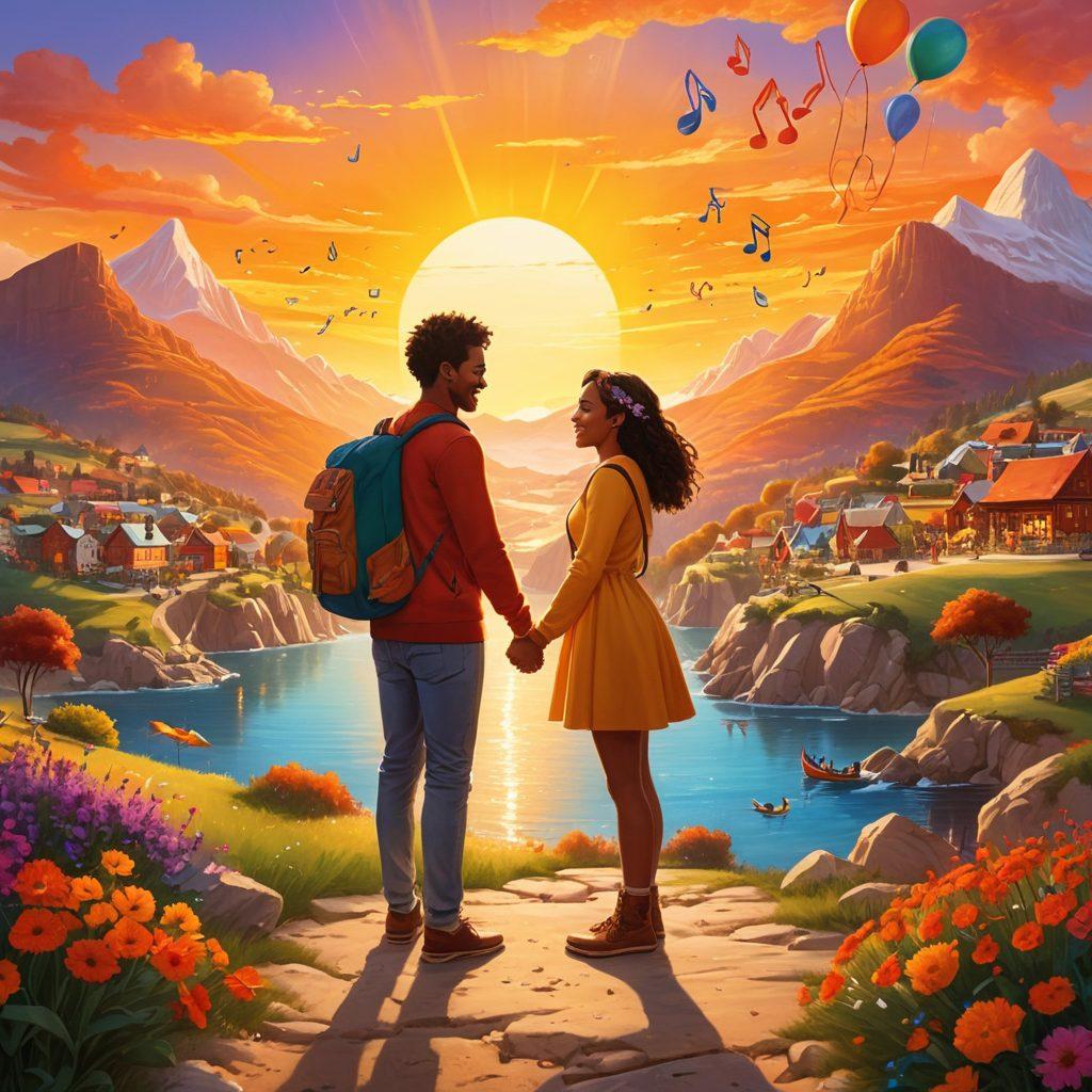 A heartwarming scene showcasing two diverse individuals joyfully connecting over a shared passion, surrounded by vibrant symbols of activities like music, art, and travel. The background features a glowing sun setting over a picturesque landscape, symbolizing warmth and joy. Bright colors radiate from their interactions, creating a sense of excitement and connection. super-realistic. vibrant colors. warm atmosphere.