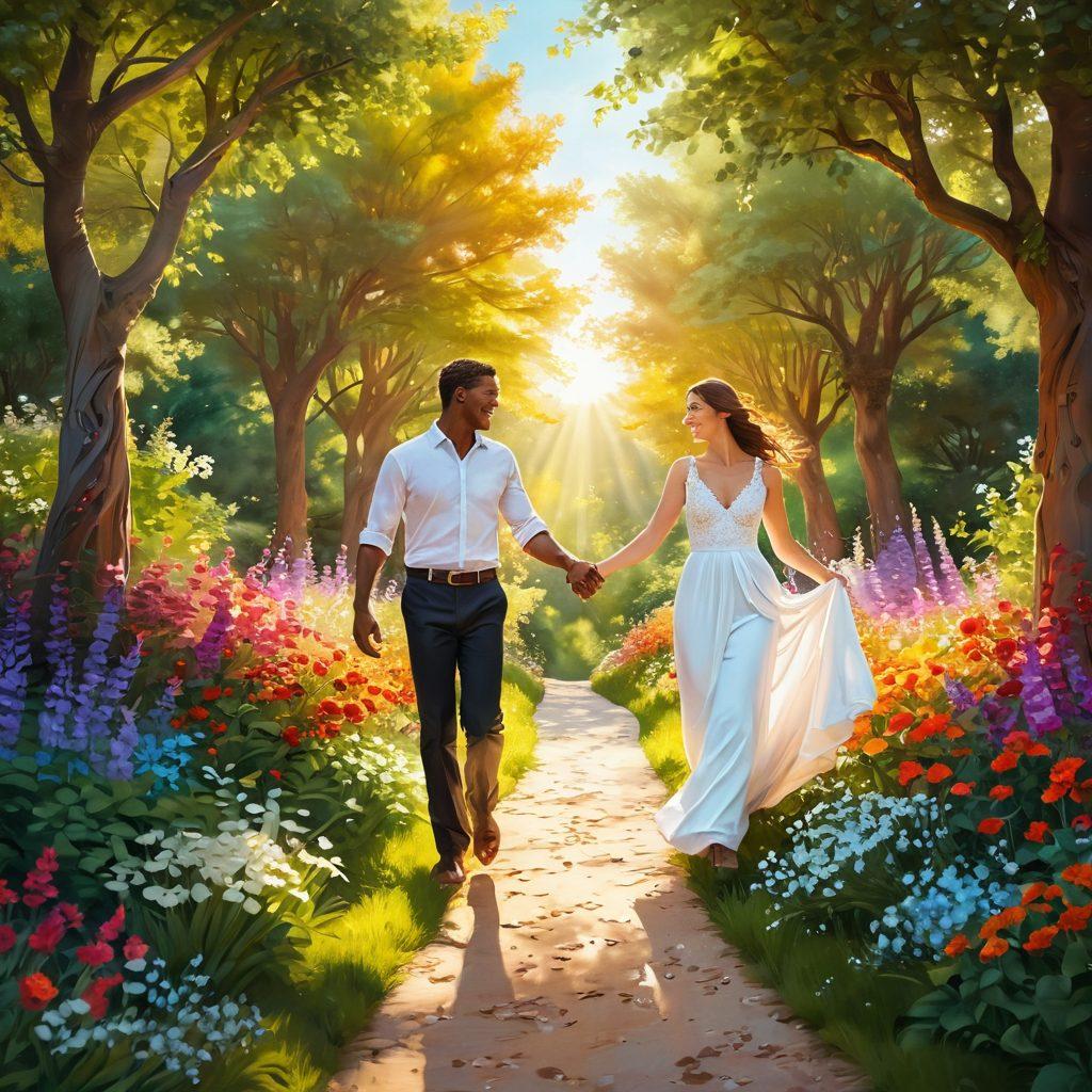 A whimsical scene depicting a couple joyfully connecting on a vibrant, flowing path surrounded by blooming flowers, warm sunlight filtering through lush greenery. Include elements symbolizing intimacy like intertwined hands and shared laughter, with soft, glowing effects to represent passion. The color palette should be bright and cheerful to evoke exuberance and joy. fantasy illustration. vibrant colors. 3D.