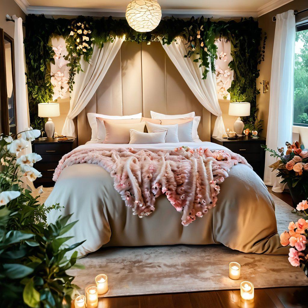 A serene bedroom with soft lighting, featuring a couple embracing on a plush bed surrounded by lush flowers and tranquil nature elements. The atmosphere radiates warmth and intimacy, symbolizing connection and passion. Add ethereal butterflies fluttering gently in the air for a touch of whimsy and joy. super-realistic. warm colors. soft focus.